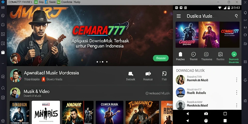 Screenshot utama CEMARA777 menampilkan antarmuka aplikasi Download Musik yang menarik.
