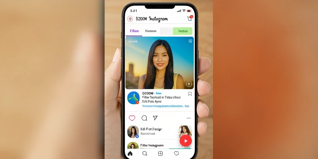 Tampilan antarmuka D200M dengan pilihan filter Instagram yang menawan.