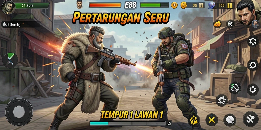 Antarmuka E88 menampilkan pertarungan seru 1 Lawan 1 yang intens.